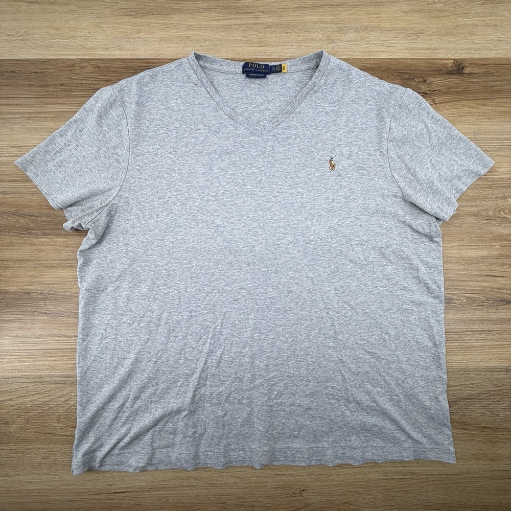 Polo Ralph Lauren Shirt Mens 2XL Gray V Neck Tee Short Sleeve Custom Slim Fit